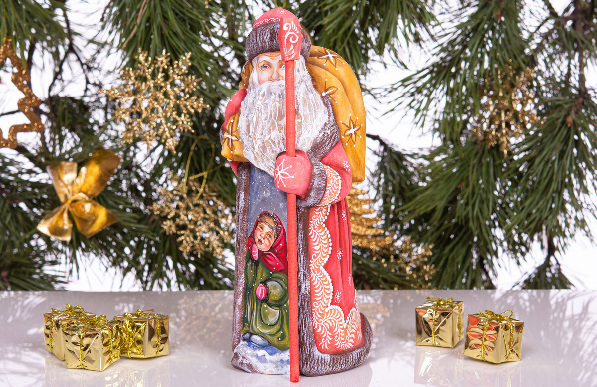 Hand carved Santa Claus wood figure 10 inch, gift sack, rustic holiday shelf display