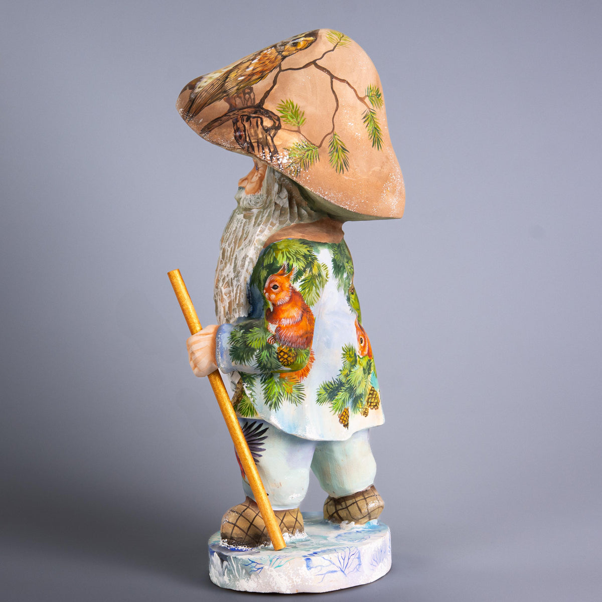 Hand Carved Wooden Mushroom Man Figurine 11 inch: Owl, Squirrel & Bullfinch
