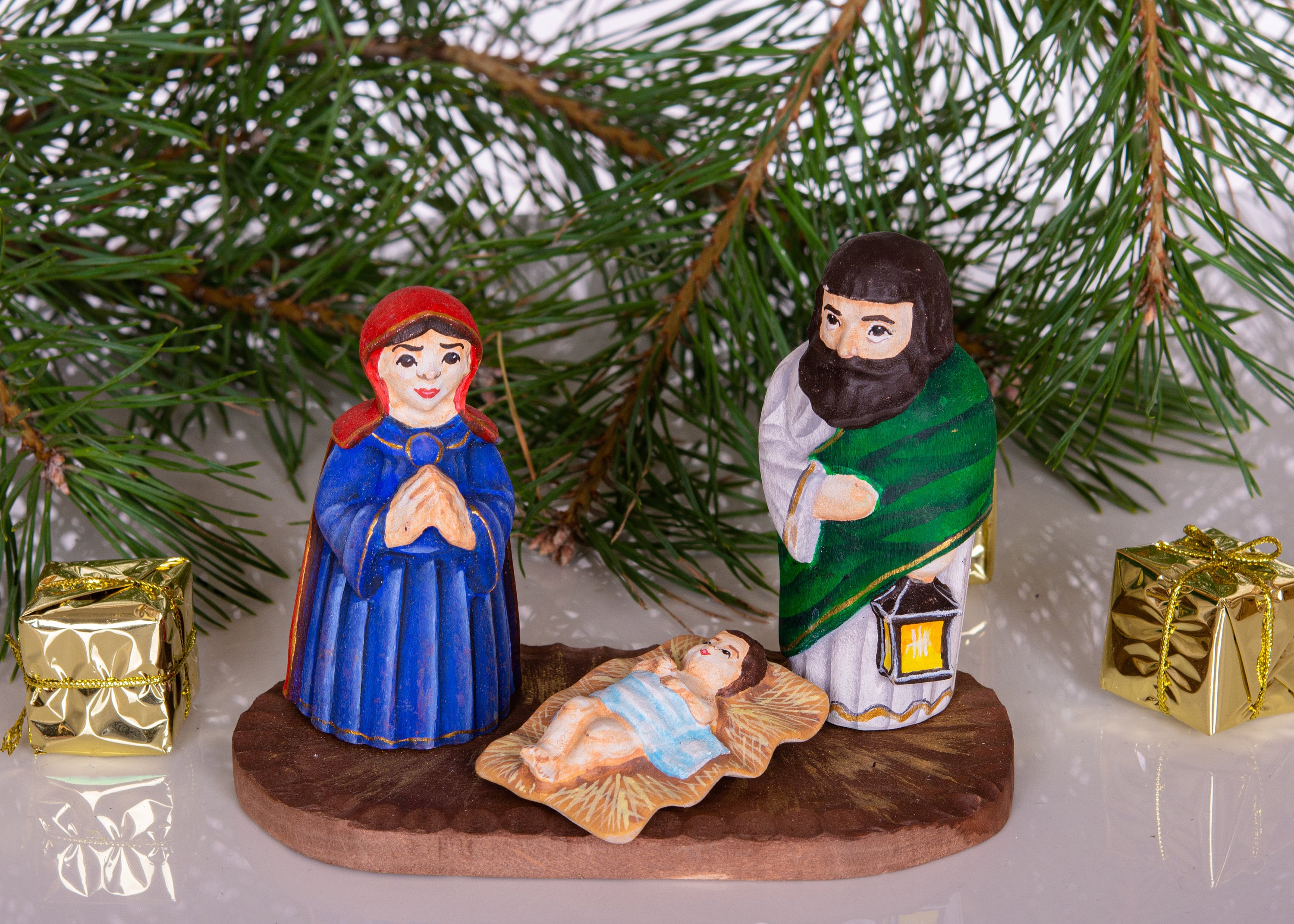Hand Carved Wooden Nativity Set 4", Holy Family on Board