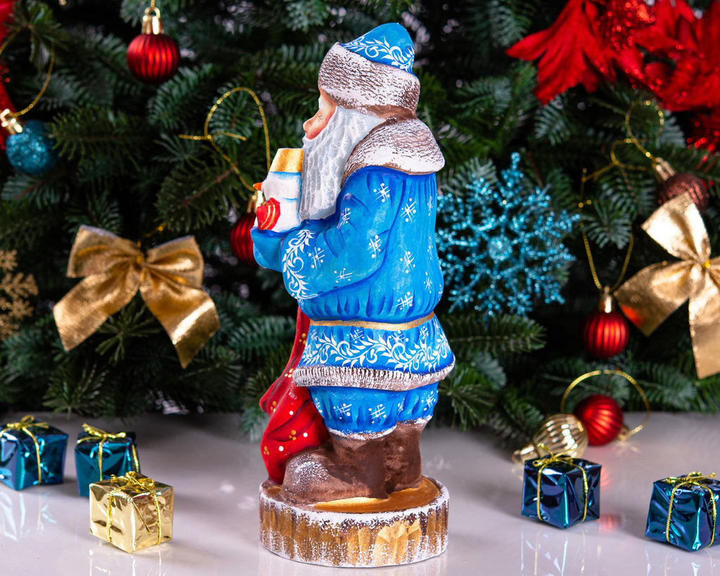 Hand carved Santa wooden figurine 10 inch, snowman toy & gift sack, mantel decor