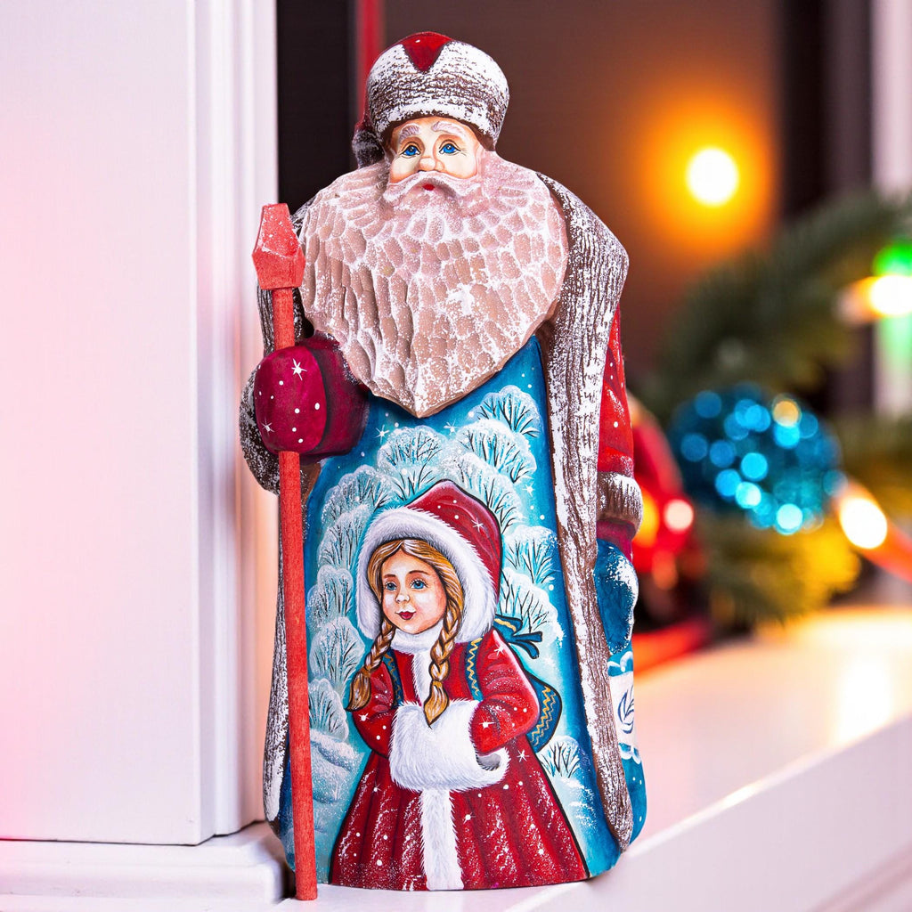 Hand carved Santa wooden figurine 9 inch, Snow Maiden scene, shelf decor