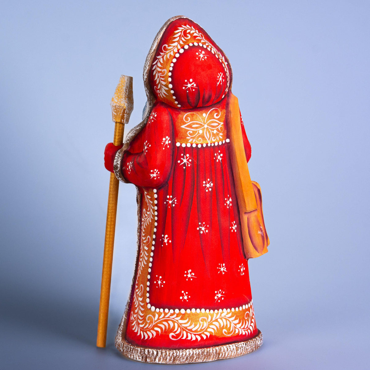 Hand carved Santa wooden figurine 9.1 inch with staff, winter forest scene mantel decor
