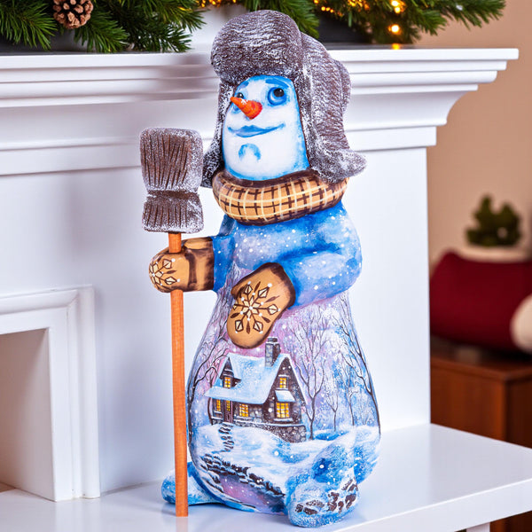 Snowman figurine in ushanka, hand painted landscape, 9.1 inch