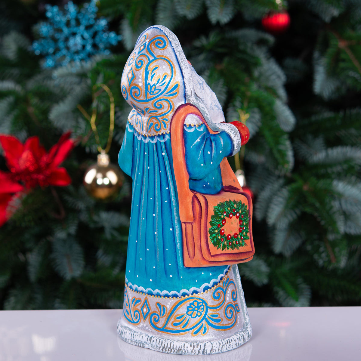 Hand carved Santa statue 9 inch, blue coat, child and teddy