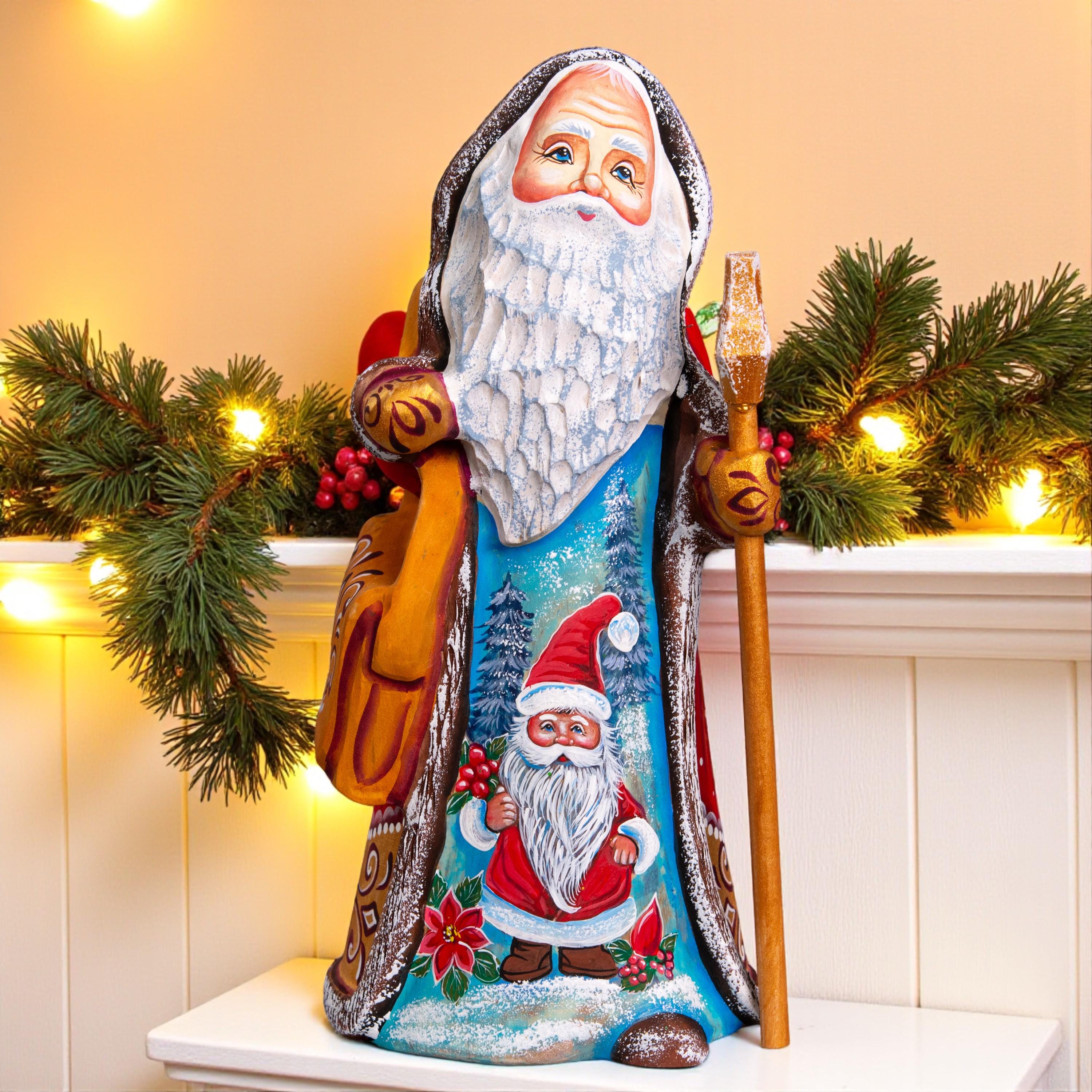 Old World Santa wooden figurine 9 inch, staff and satchel