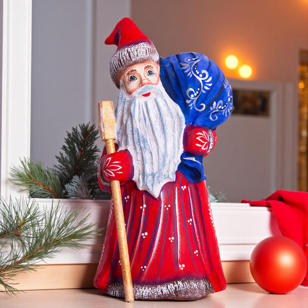 Hand carved Santa wooden figurine 8 inch, blue gift sack, shelf decor