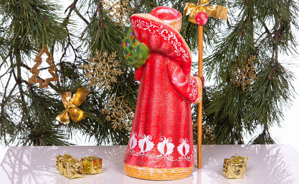 Hand carved wooden Santa figurine 13 inch, woodland animals painting, rustic mantel centerpiece