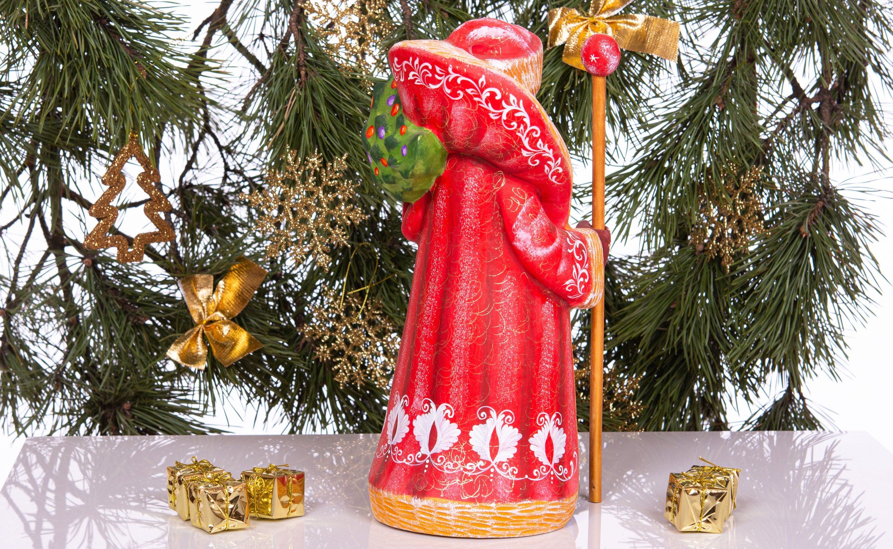 Hand carved wooden Santa figurine 13 inch, woodland animals painting, rustic mantel centerpiece
