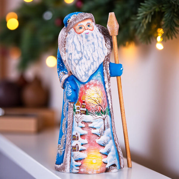 Carved wooden Santa figurine 9 inch, winter church at sunset artwork, holiday mantel centerpiece