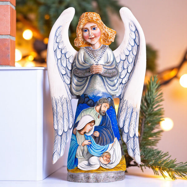 Hand carved Angel figurine 10 inch, Holy Family Nativity display