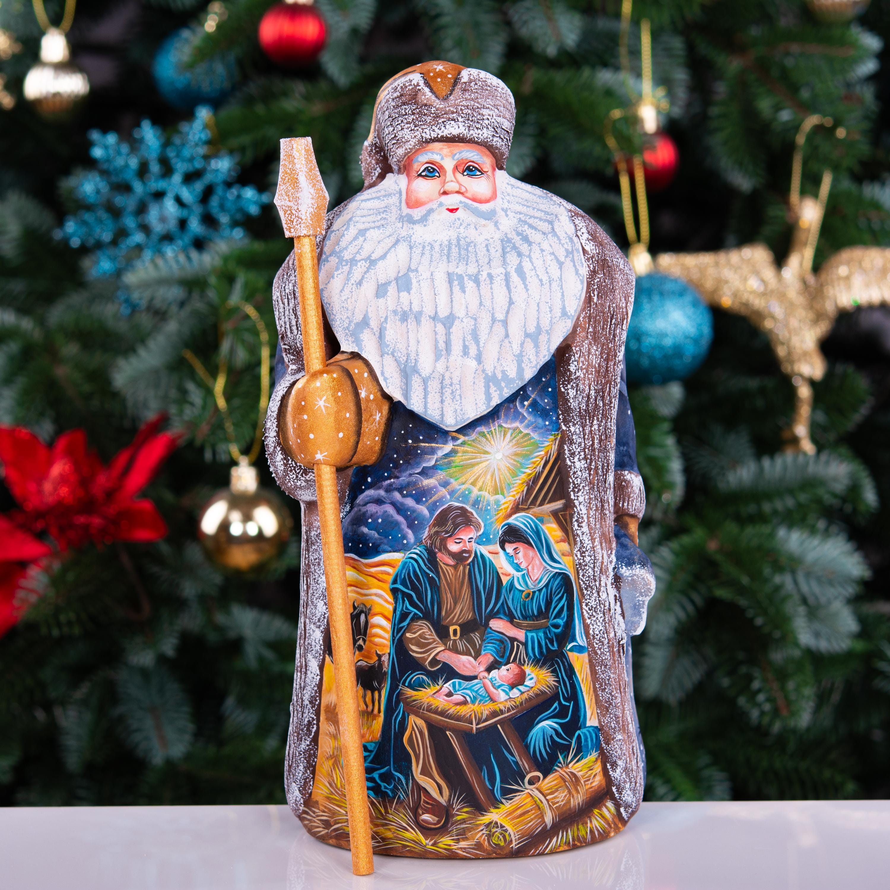 Santa Figurine 9", Holy Night Nativity, Hand Carved Wood