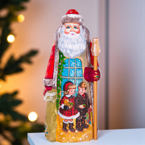 Vintage Santa wooden figurine 8.7 inch, kids by window, nostalgic Christmas decor