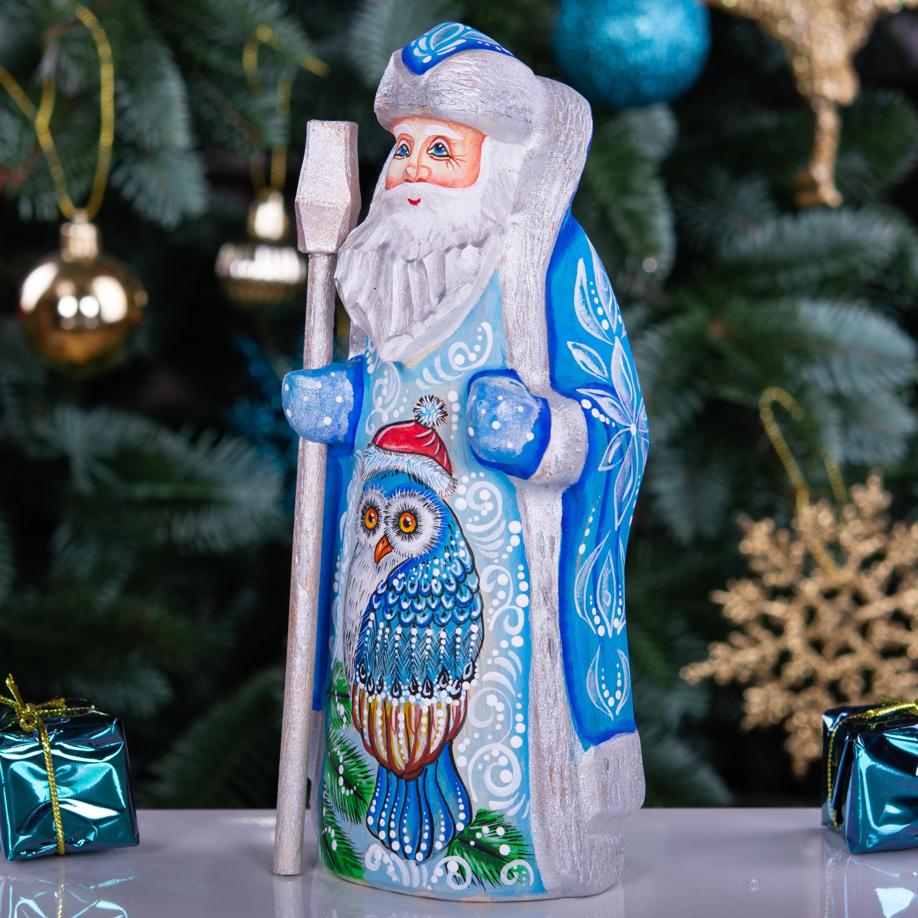 Hand carved blue Santa figurine 7 inch, owl painting, Nordic folk art centerpiece