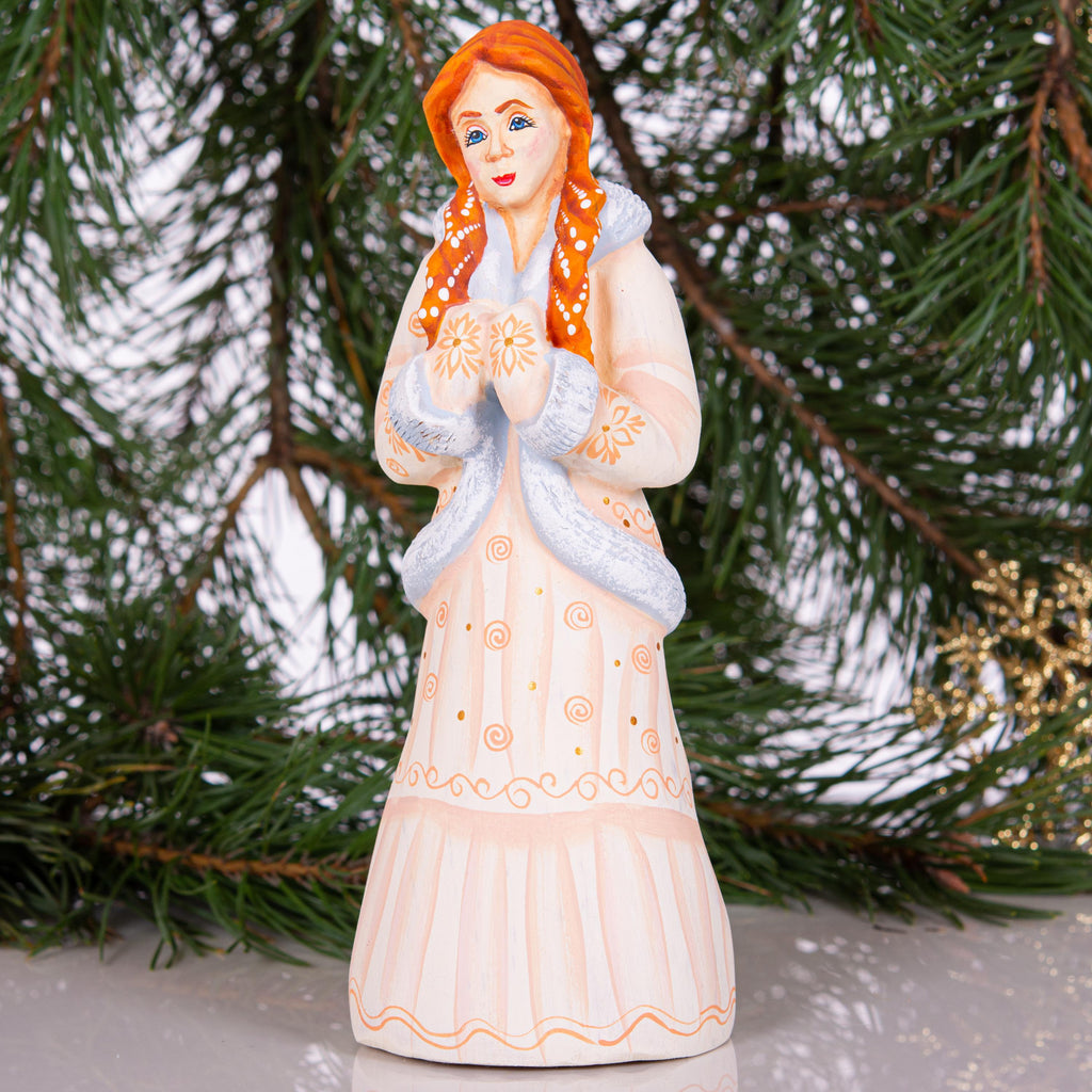 Hand carved Snow Maiden wooden figurine 8.2 inch, winter mantel decor