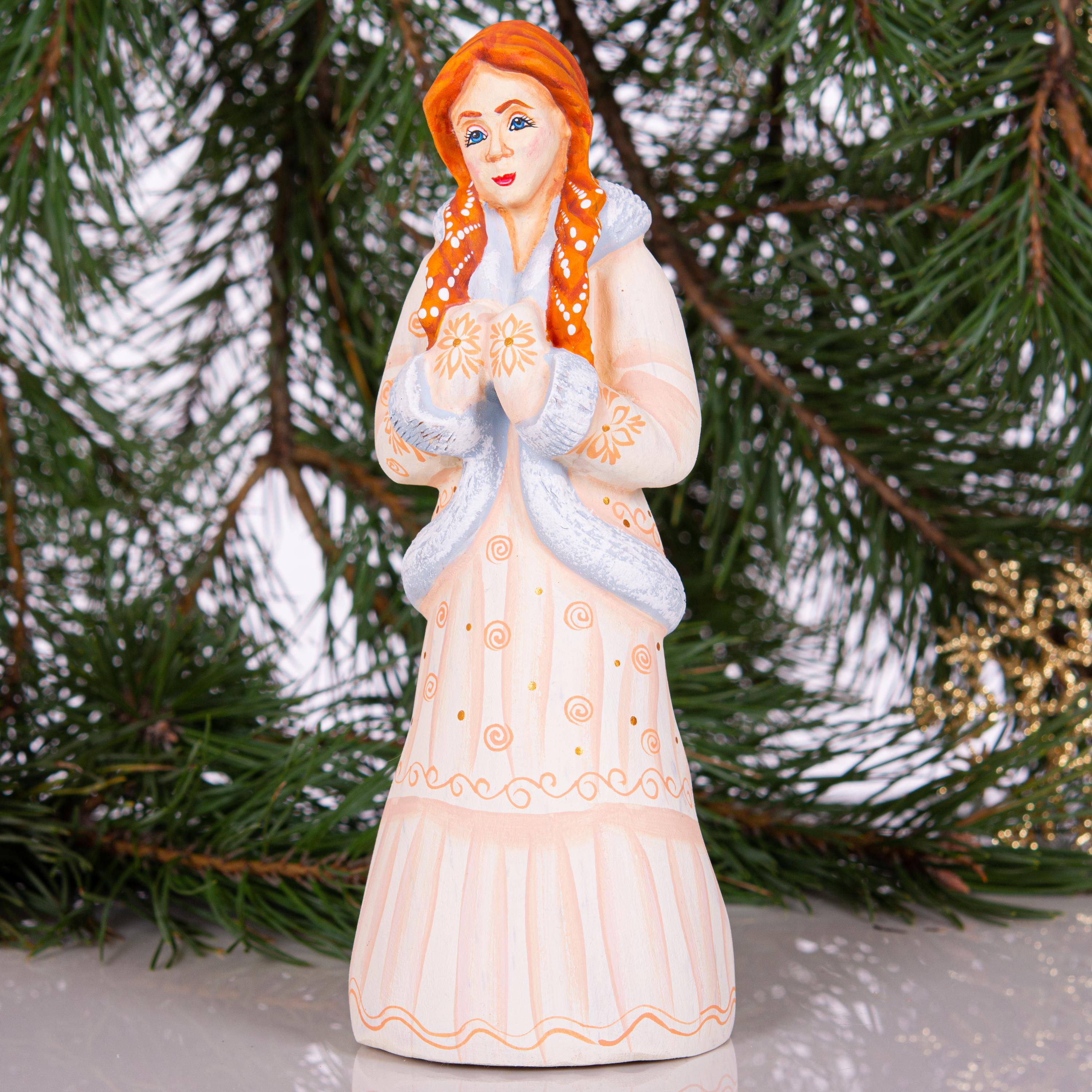 Hand carved Snow Maiden wooden figurine 8.2 inch, winter mantel decor