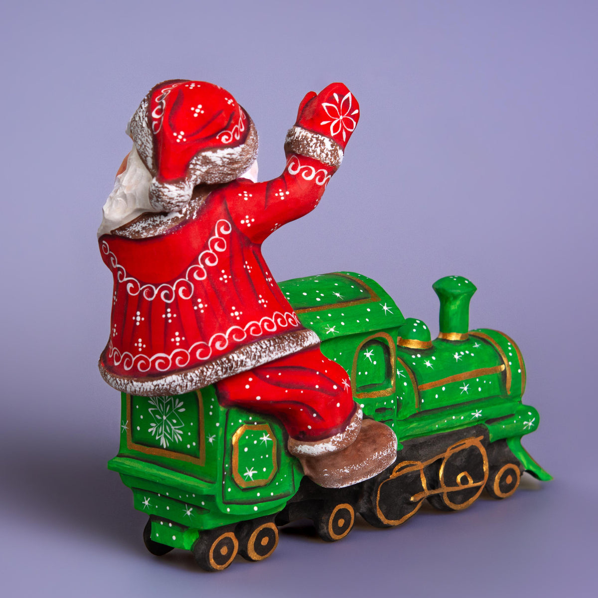 Hand Carved Santa on Locomotive Figurine 9.5 inch: Wooden Christmas Decoration