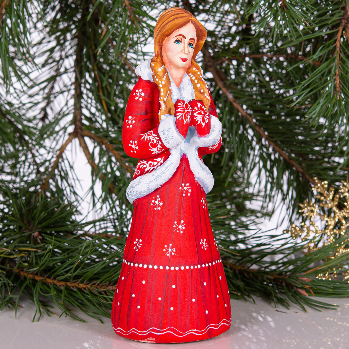 Hand carved Snow Maiden statue 8 inch, Slavic winter girl holiday display