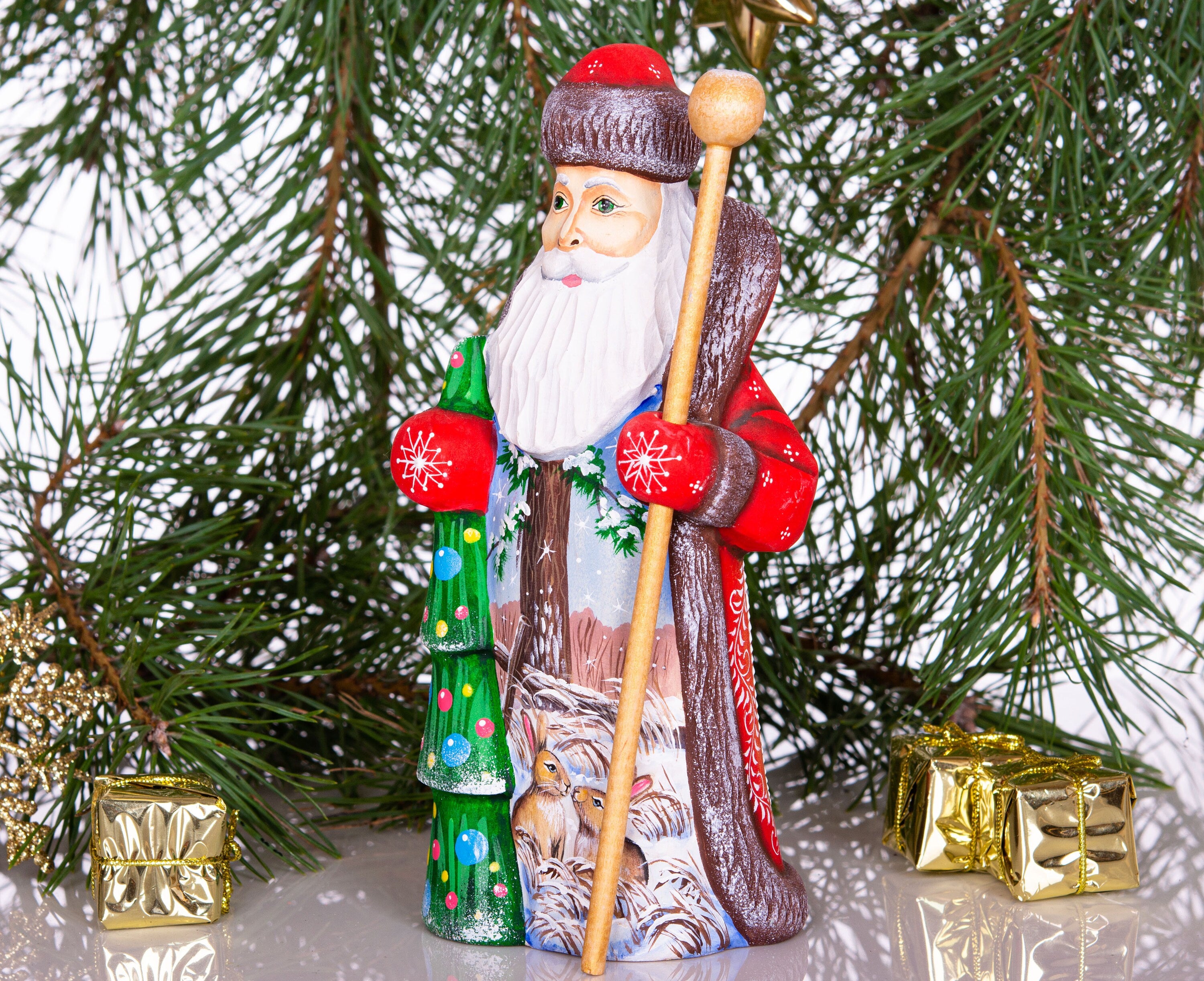 Vintage style Santa wood figurine 7.9 inch, folk art rabbits, holiday mantel & entryway decor