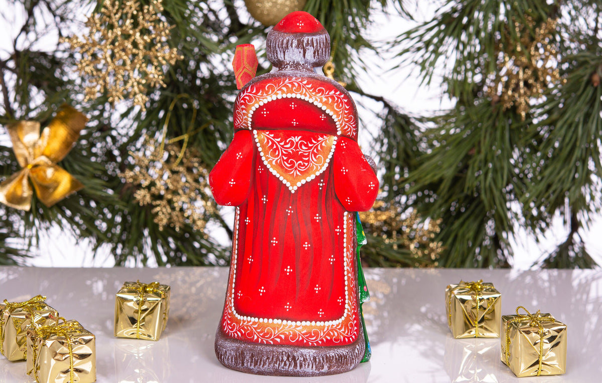 Woodland Santa wooden figurine 8 inch, snowy mountains and bunny, holiday shelf display