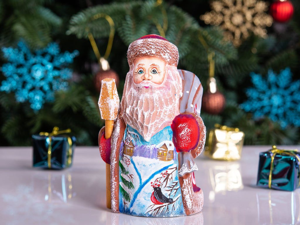 Small Santa Claus wooden figurine 5 inch, snowy forest painting, collectible holiday decor