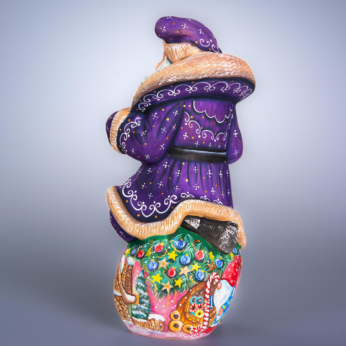 Hand carved wooden Santa figurine 9.4 inch, purple coat, cottage scene decor