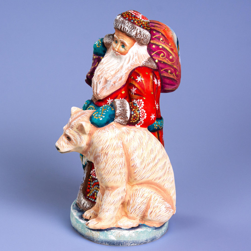 Collectible Wooden Santa Figurine 9" with Polar Bear, Mantel Décor