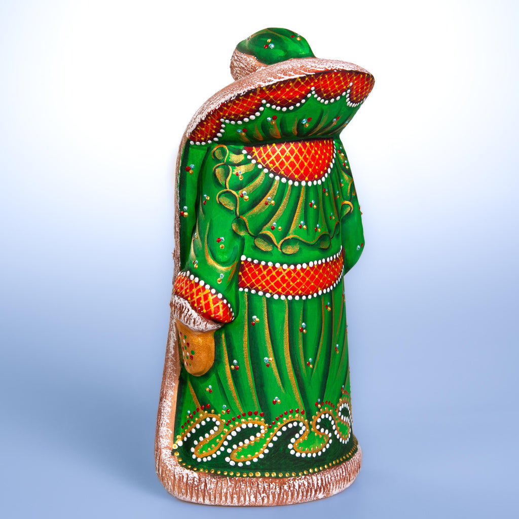 Hand carved Santa wooden figurine 9.5 inch, green coat mantel decor