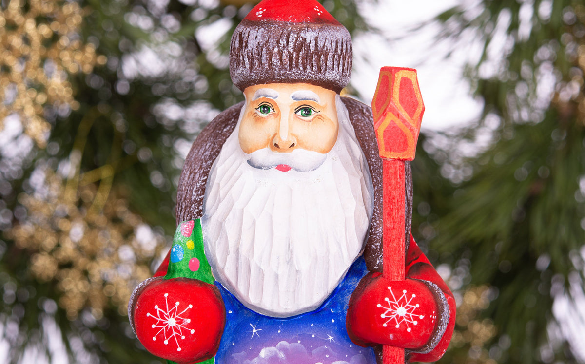 Woodland Santa wooden figurine 8 inch, snowy mountains and bunny, holiday shelf display
