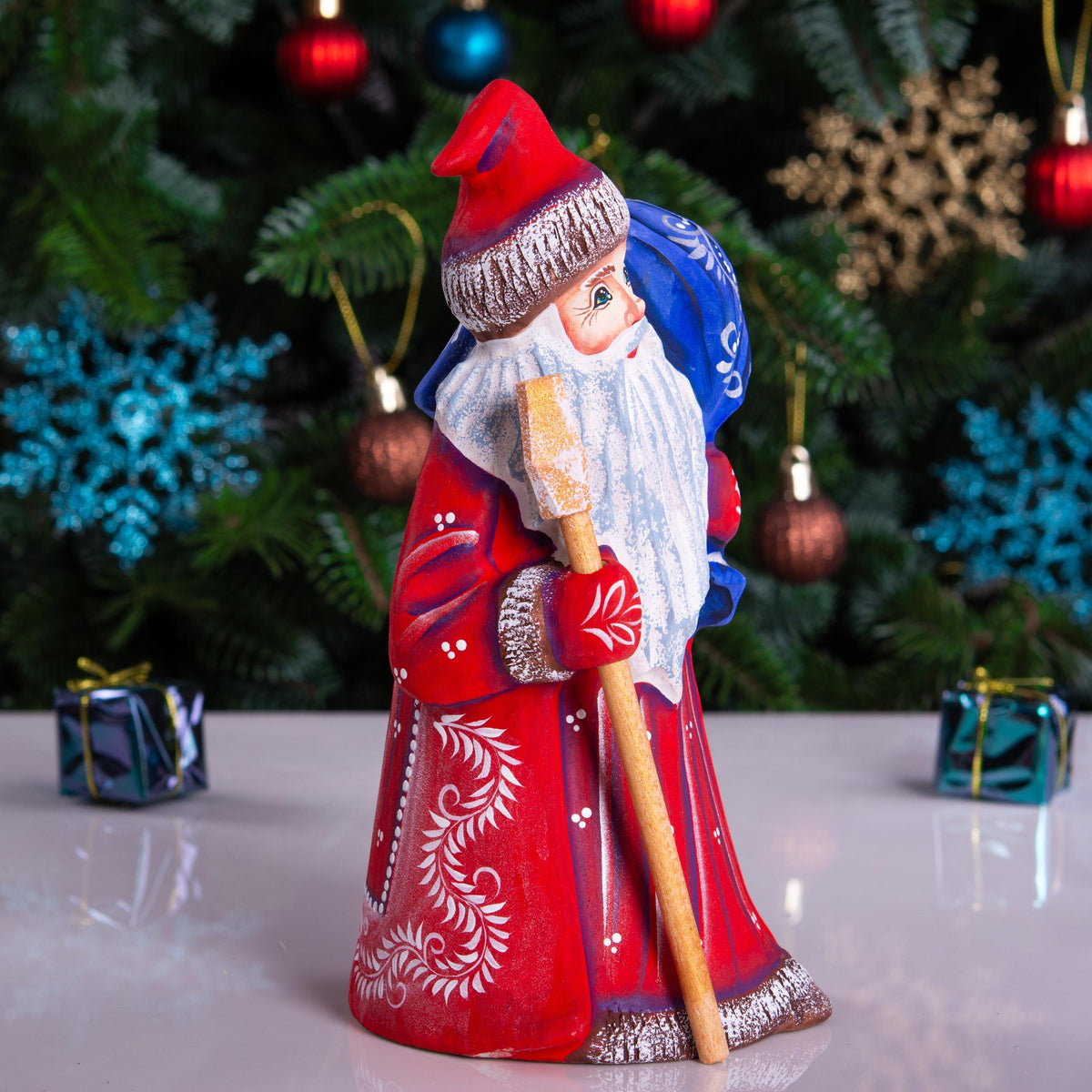 Hand carved Santa wooden figurine 8 inch, blue gift sack, shelf decor