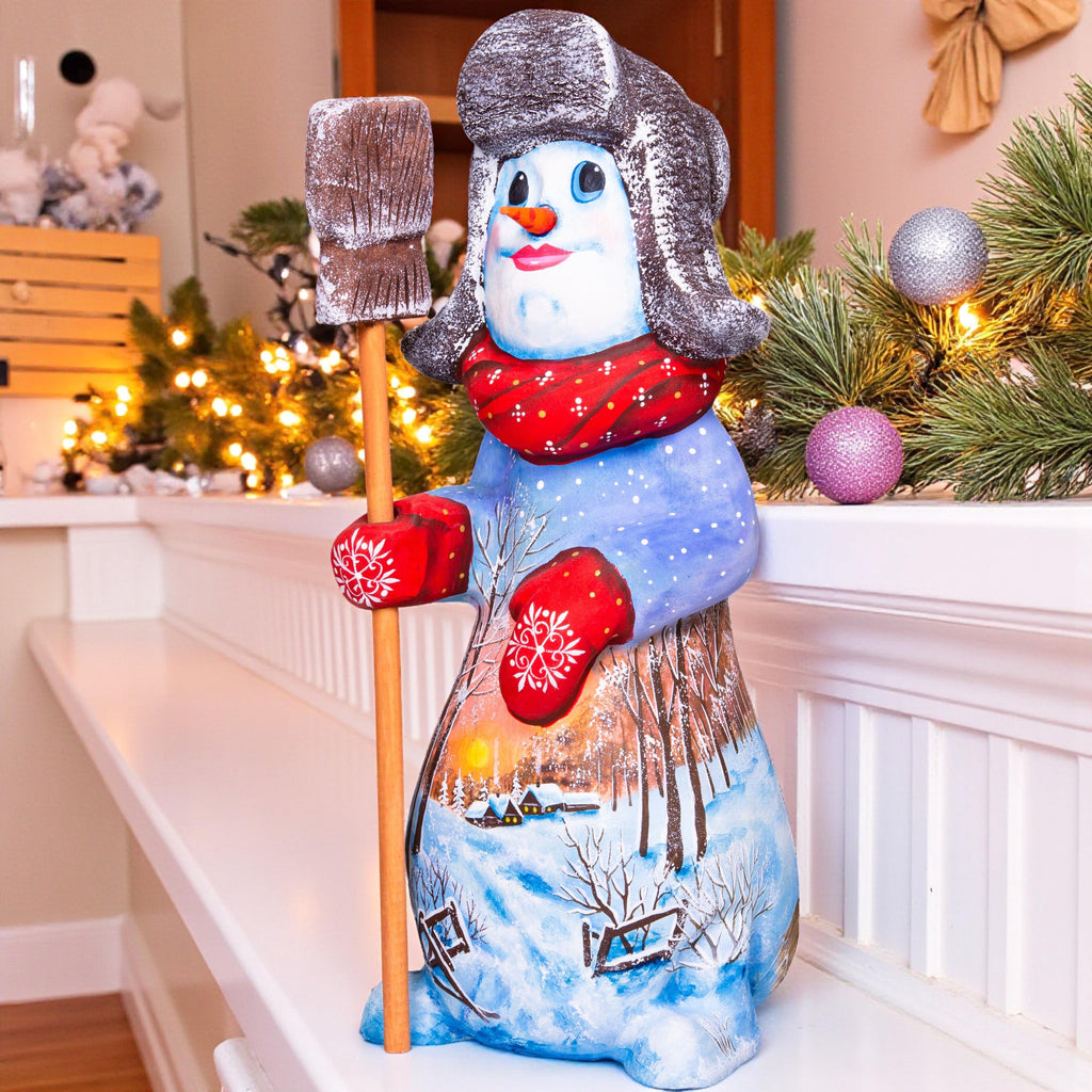 Hand carved snowman wooden figurine 9.1 inch, broom, winter village scene