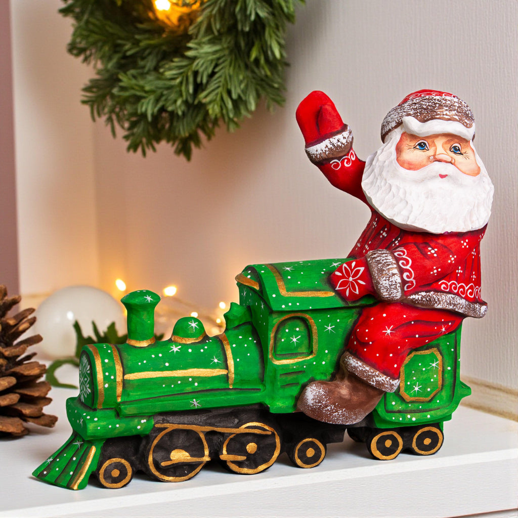 Hand Carved Santa on Locomotive Figurine 9.5 inch: Wooden Christmas Decoration