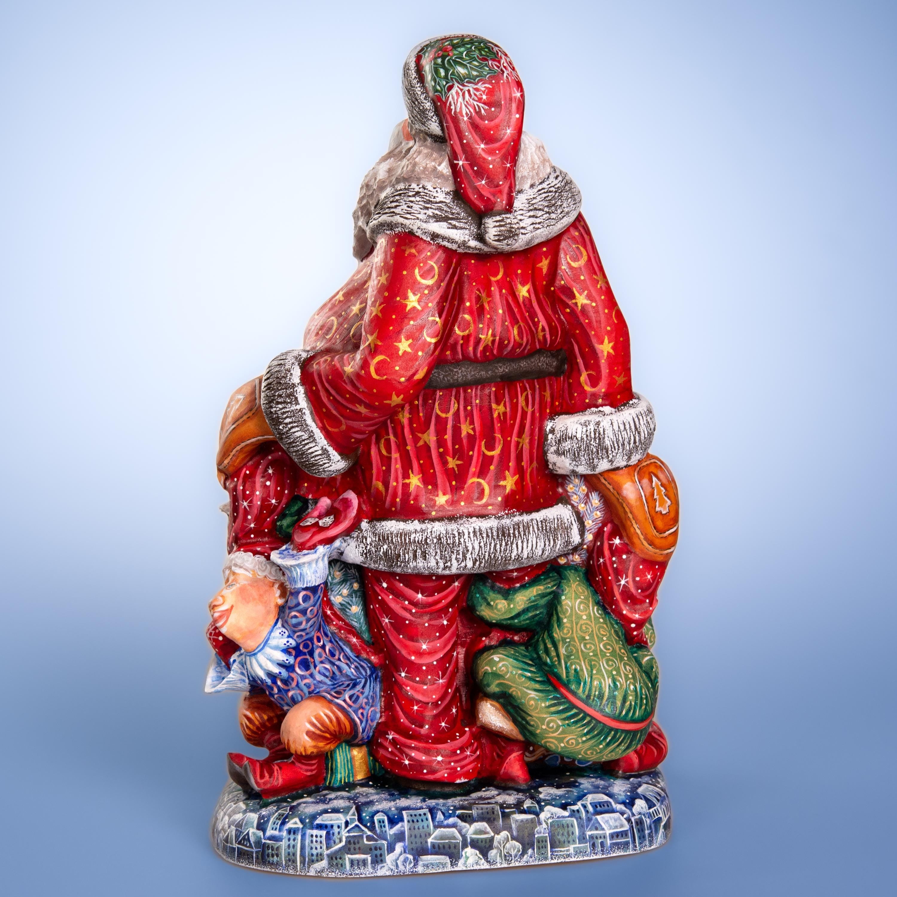 Hand carved wooden Santa figurine 14 inch, elves, mantel decor