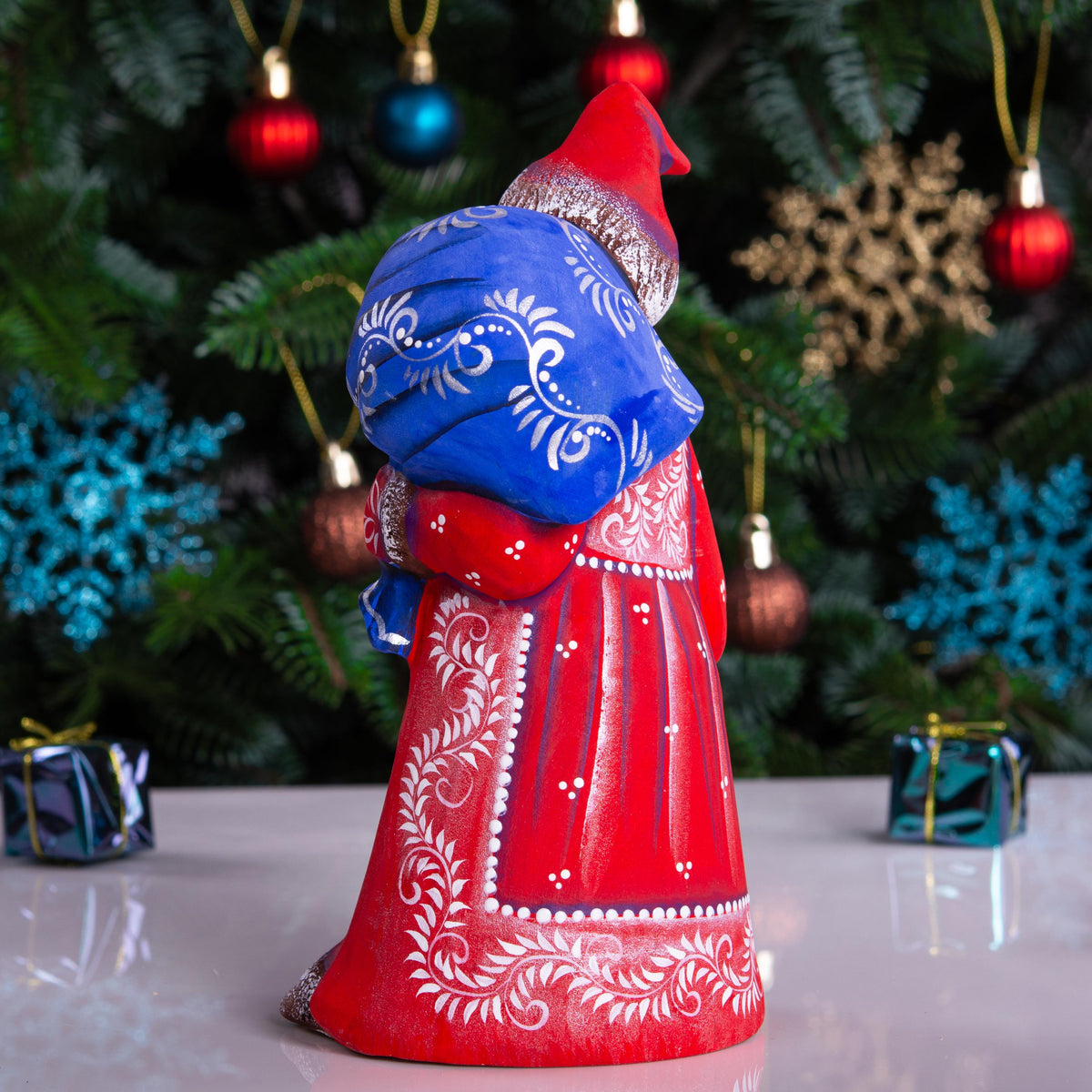 Hand carved Santa wooden figurine 8 inch, blue gift sack, shelf decor