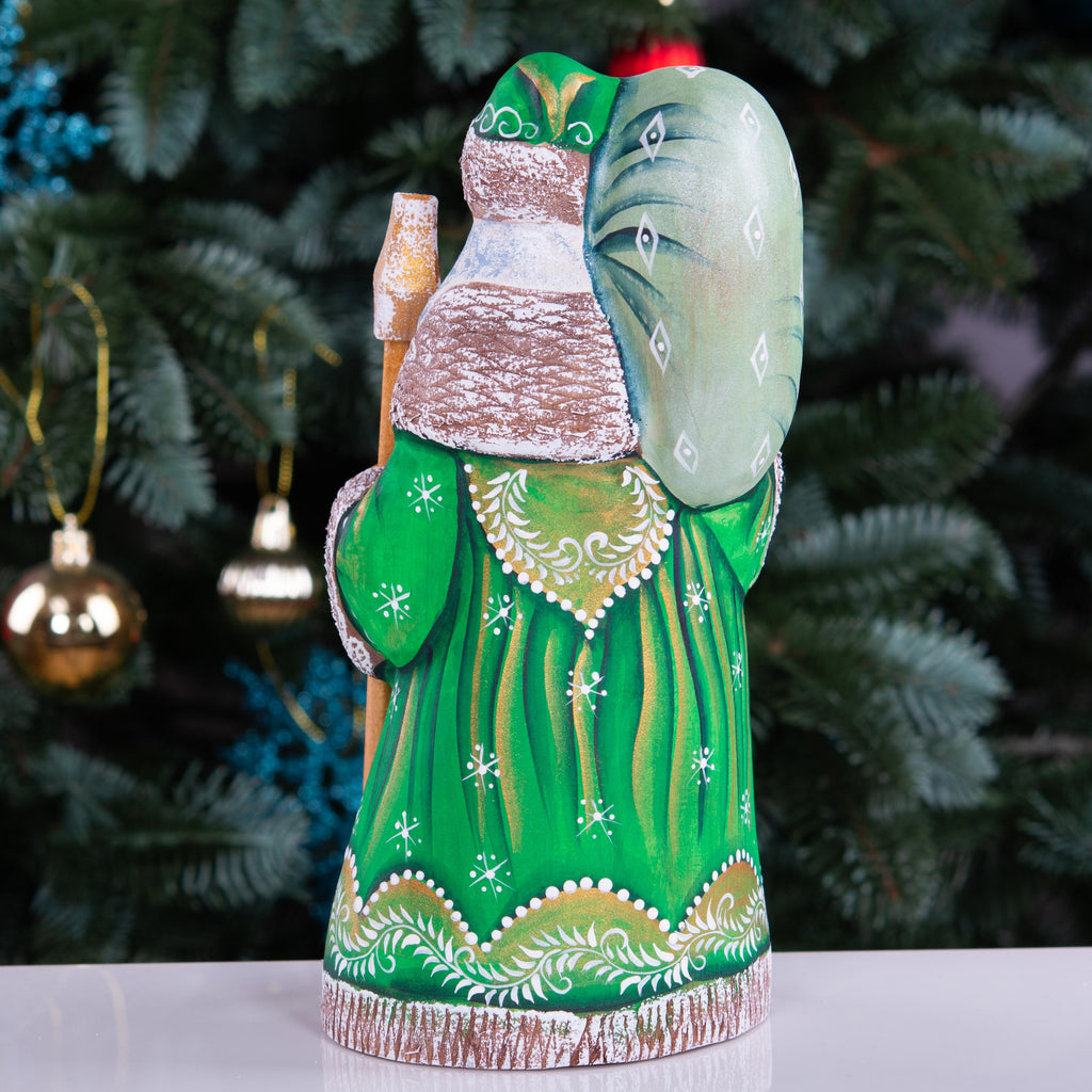 Hand carved Santa wooden figurine 8.3 inch, staff and sack