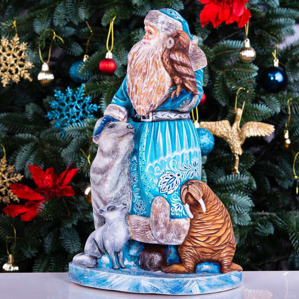 Hand carved Old-World Santa wooden figurine 14 inch, Arctic wildlife scene, mantel decor