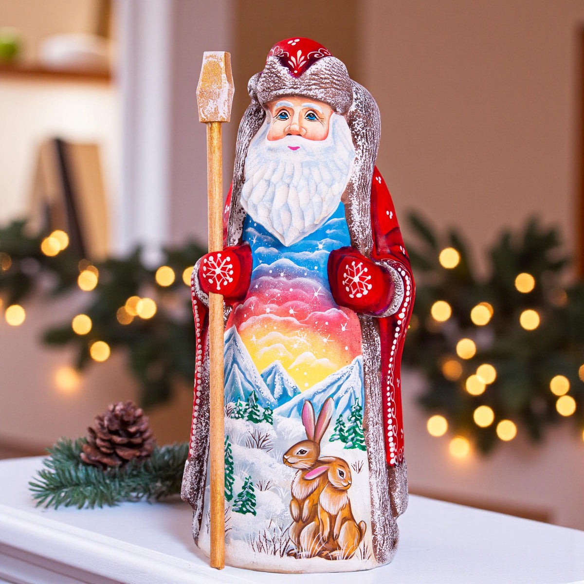 Old World Santa wood carving 8.7 inch, woodland rabbits scene, Christmas mantel centerpiece