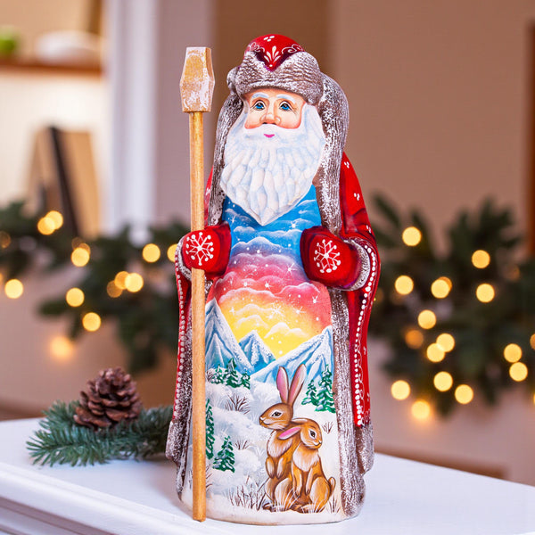 Old World Santa wood carving 8.7 inch, woodland rabbits scene, Christmas mantel centerpiece