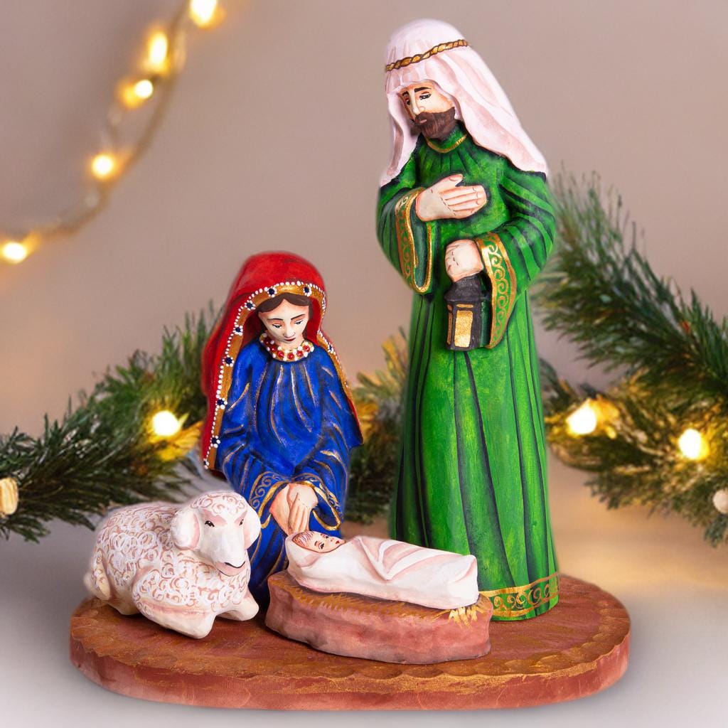Holy Family Figurine 9.4", Hand Painted Wood, Manger Scene, Christian Mantel Decor