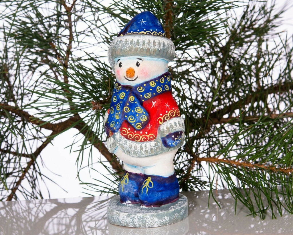 Hand carved wooden snowman figurine 6.3 inch, folk art winter accent, mantel decor