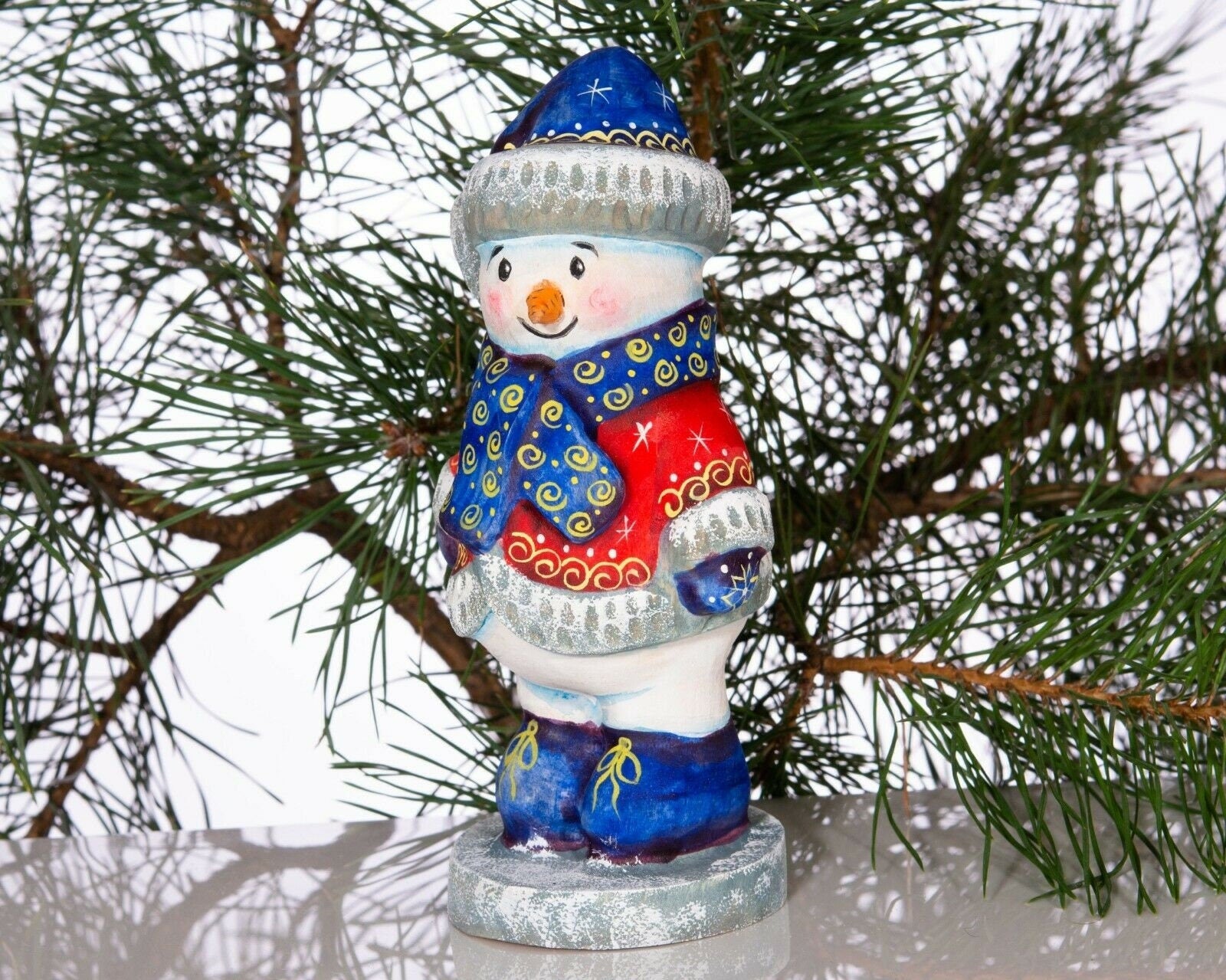Hand carved wooden snowman figurine 6.3 inch, folk art winter accent, mantel decor