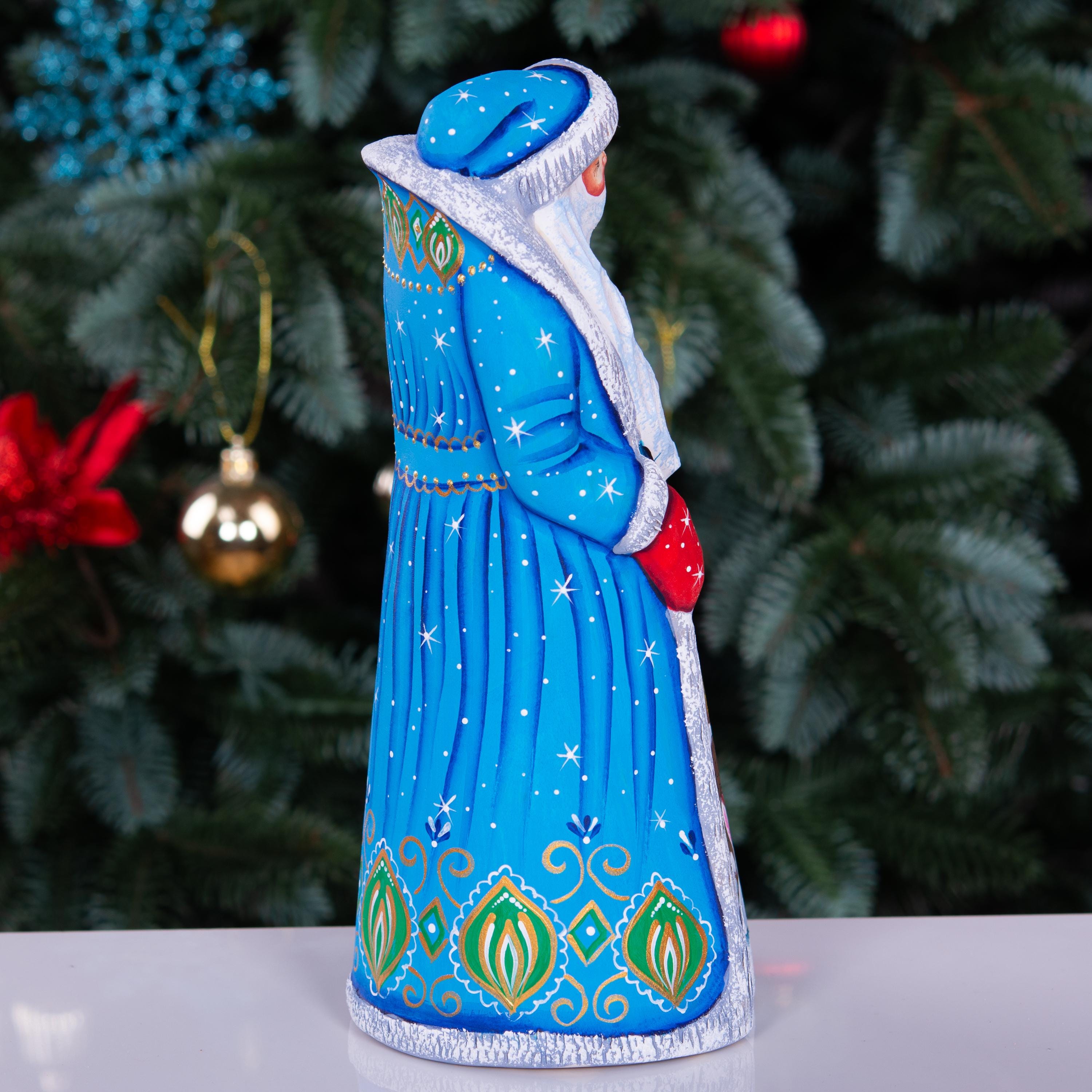 Hand carved Santa wooden figurine 9 inch, rabbits and lantern scene