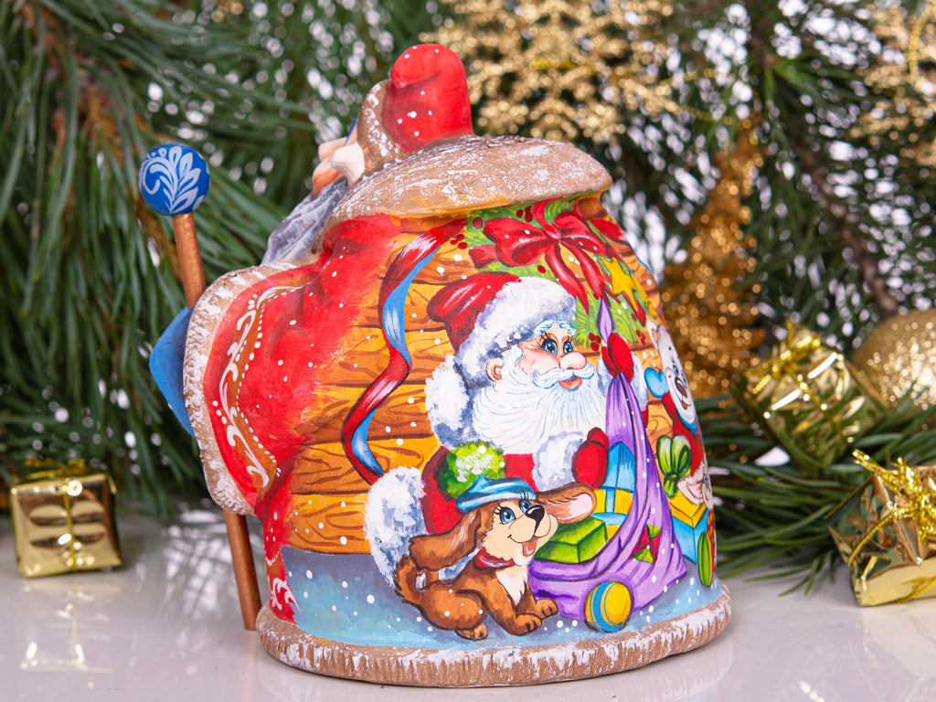 Hand carved Santa wooden figurine 6.3 inch, toy workshop scene