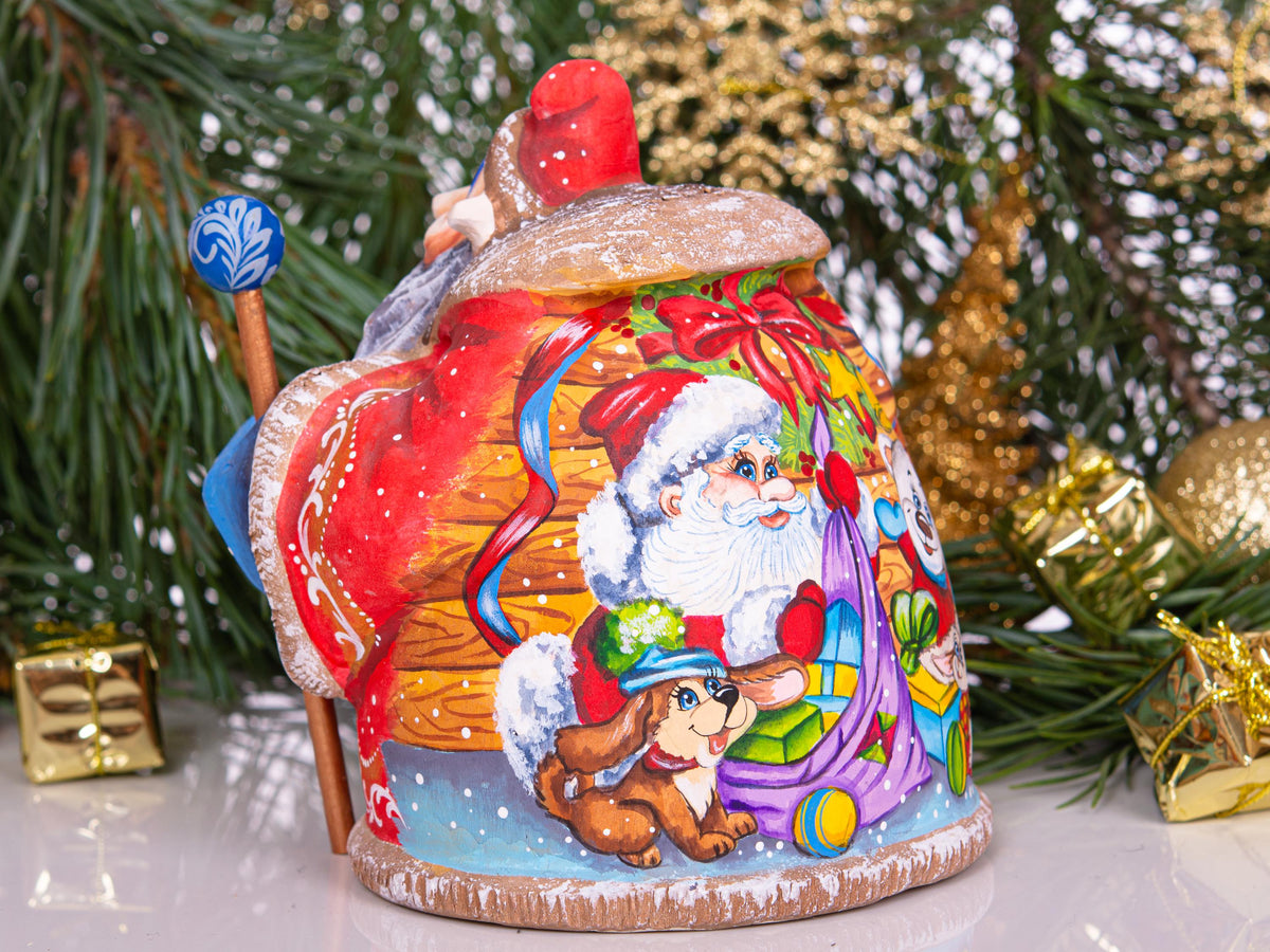 Hand carved Santa wooden figurine 6.3 inch, toy workshop scene