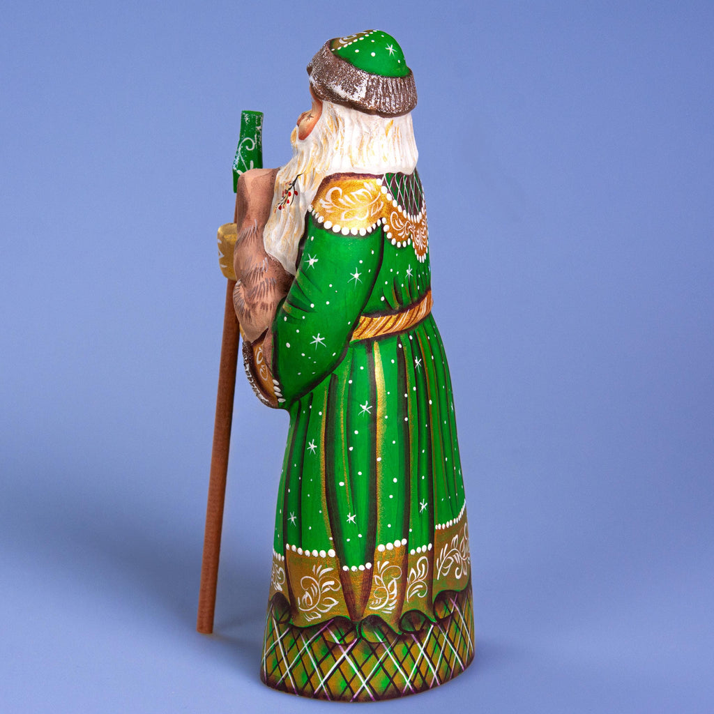 Santa with Dog Figurine 9", Green Coat, Hand Painted Wood