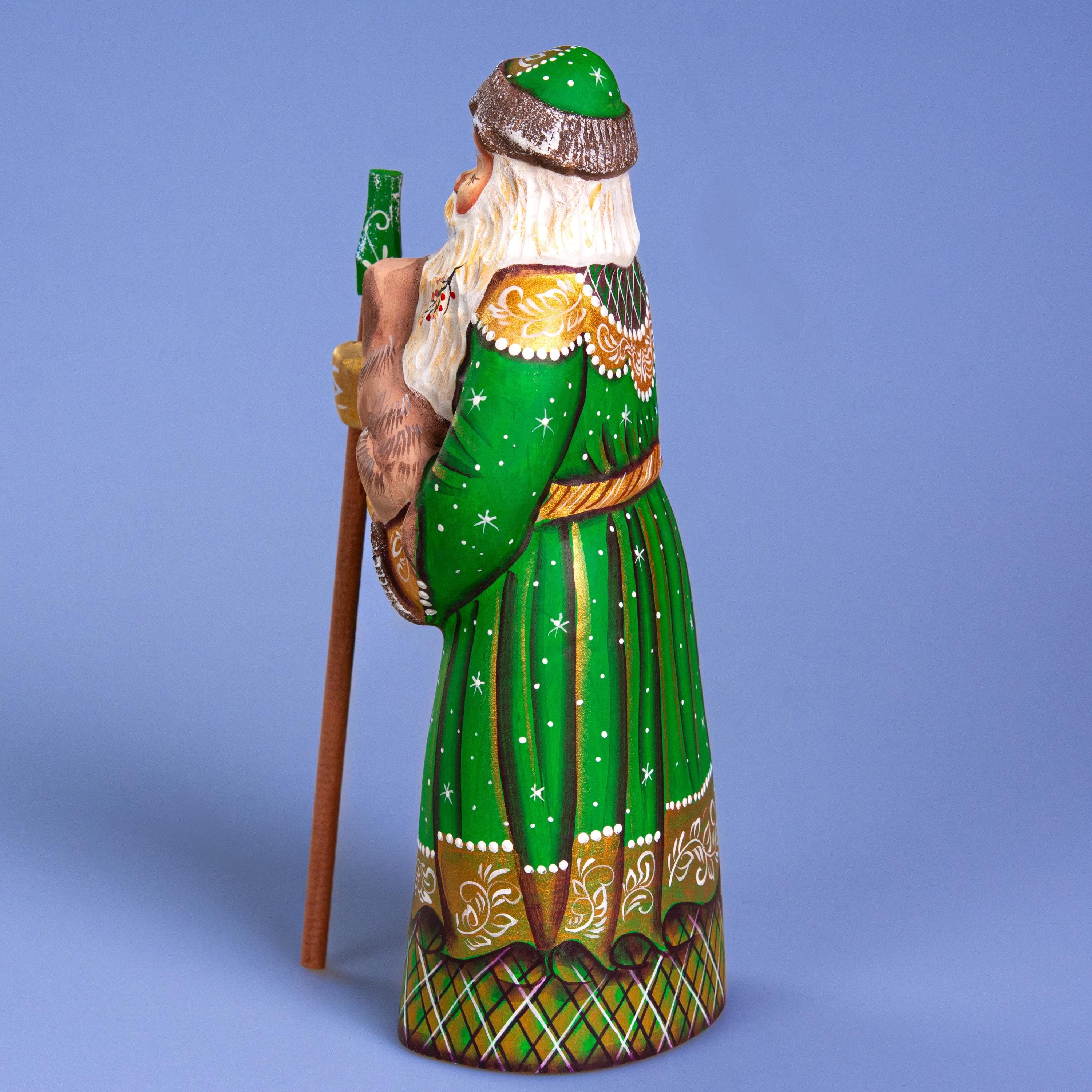 Santa with Dog Figurine 9", Green Coat, Hand Painted Wood