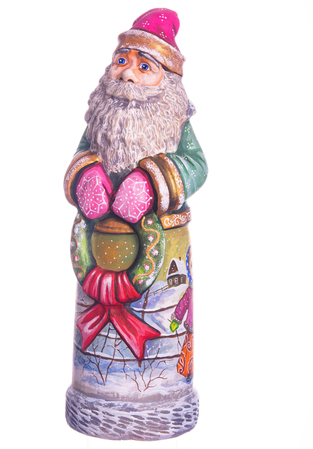 Hand carved green Santa wooden figurine 11 inch, children snowman scene
