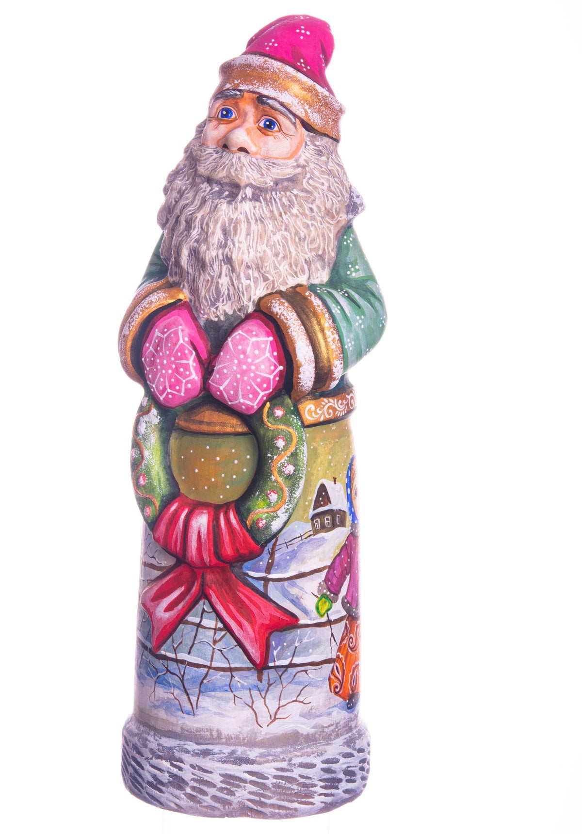 Hand carved green Santa wooden figurine 11 inch, children snowman scene