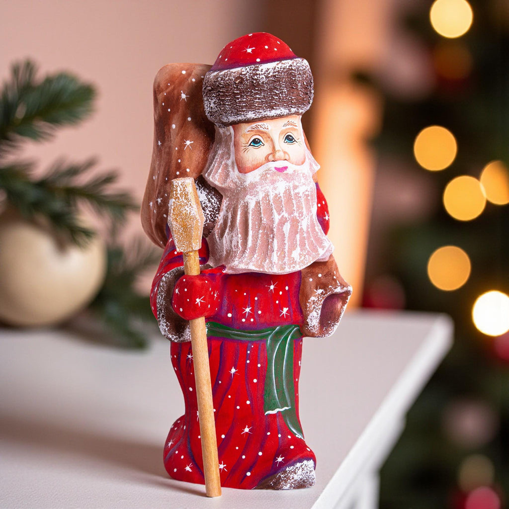 Hand carved Santa wooden figurine 7 inch, Holy Family scene
