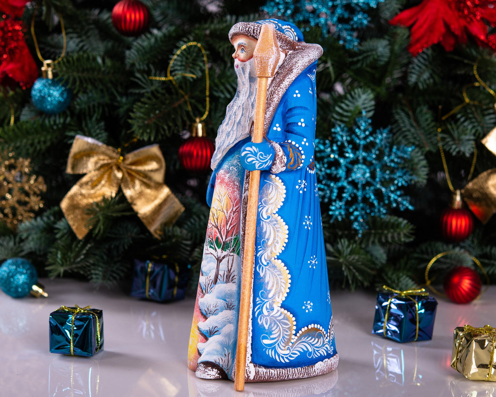 Carved wooden Santa figurine 9 inch, winter church at sunset artwork, holiday mantel centerpiece