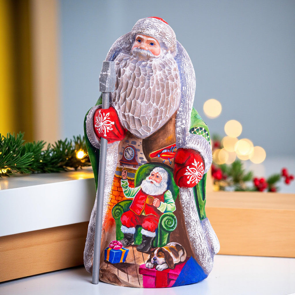Collectible Santa Claus wood figure 9.3 inch, Christmas tree backdrop, festive mantel piece